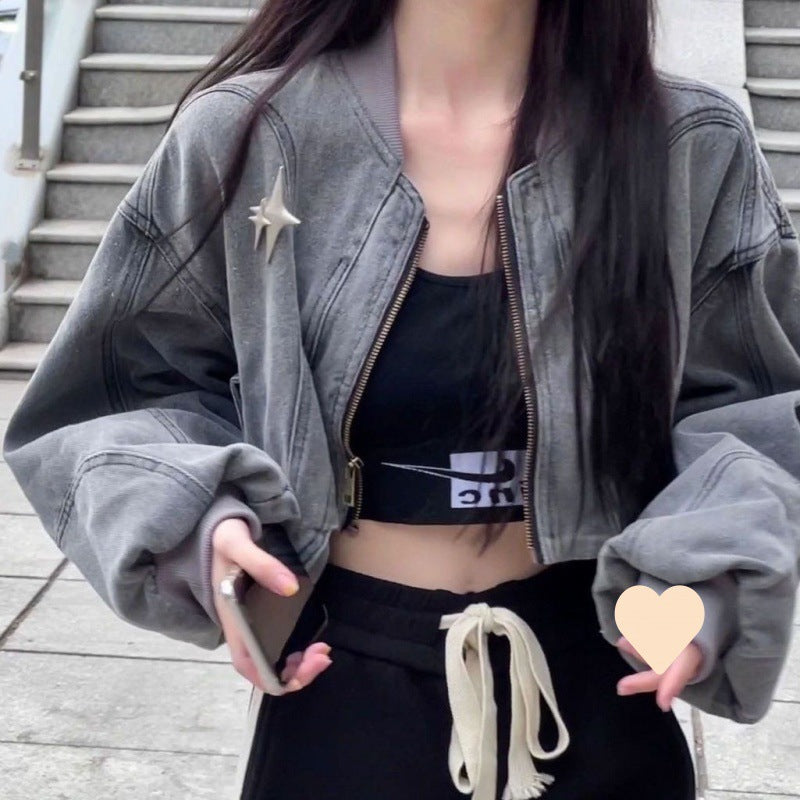 Women's Short Curved Hem Washed Denim Jacket