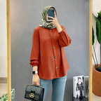 Muslim Ice Silk Wrinkle Stand-up Collar Literary Vintage Cardigan Loose Shirt Women