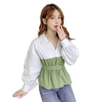 Long Sleeve Cinched Patchwork False Two-piece Suit Shirt