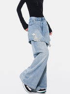 Vintage Blue Washed Fake Two-piece Jeans For Women Ripped Straight Pants