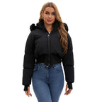 Women's Hooded Large Fur Collar Short Cotton Jacket