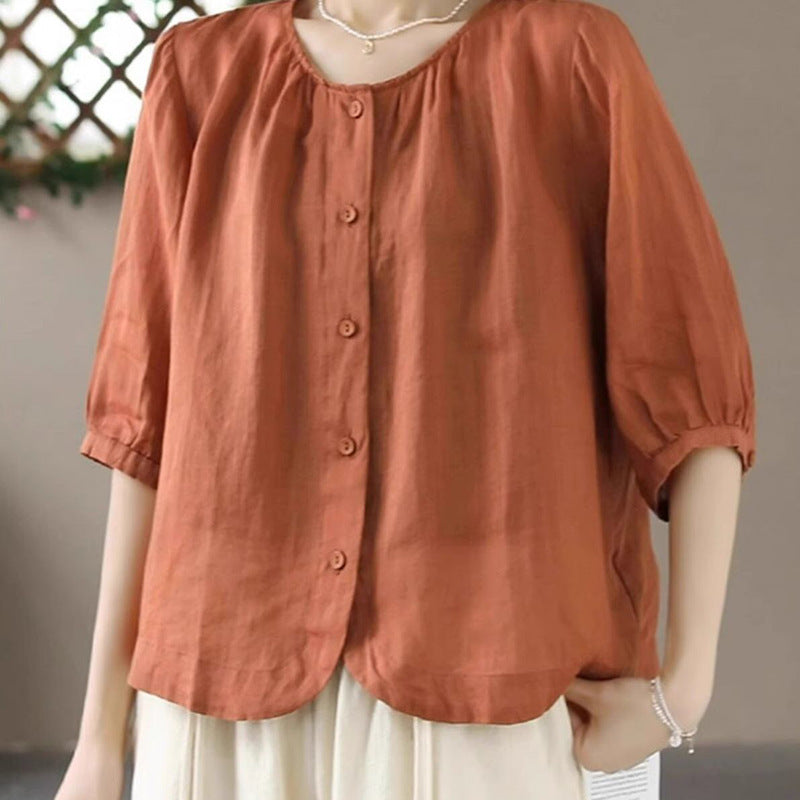 Cotton And Linen Shirt Women's Elegant Single-breasted Round Neck Top