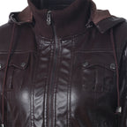 Hooded drawstring high neck zipper PU leather jacket