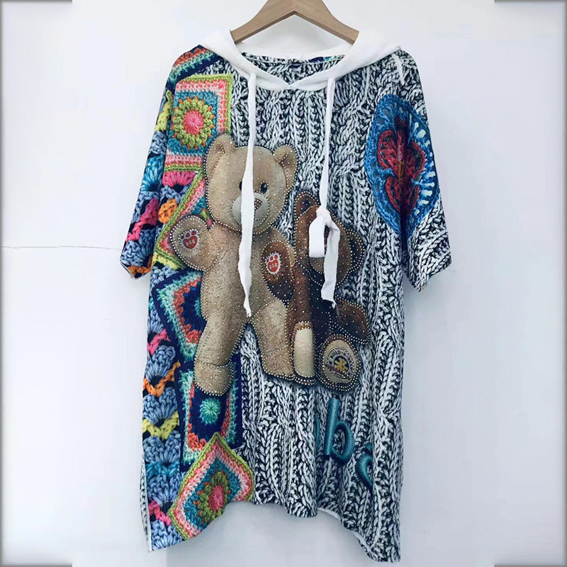 Diamond-embedded Design Printed Women's Loose Sweater Top