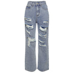 European and American Street Ripped Jeans Women Light Color High Waist