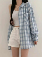 Blue Plaid Shirt For Women Loose Long Sleeve Jacket
