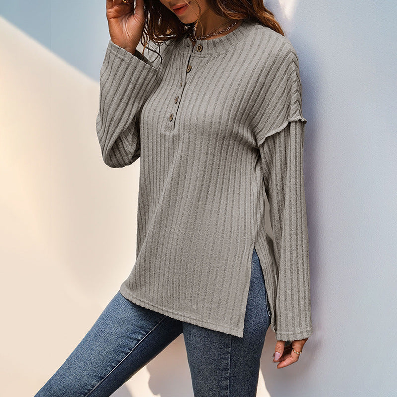 Button Round Neck Brushed Sunken Stripe Simple Casual All-match T-shirt