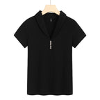 Slim-fit Split Solid Color And V-neck Button Short Sleeve