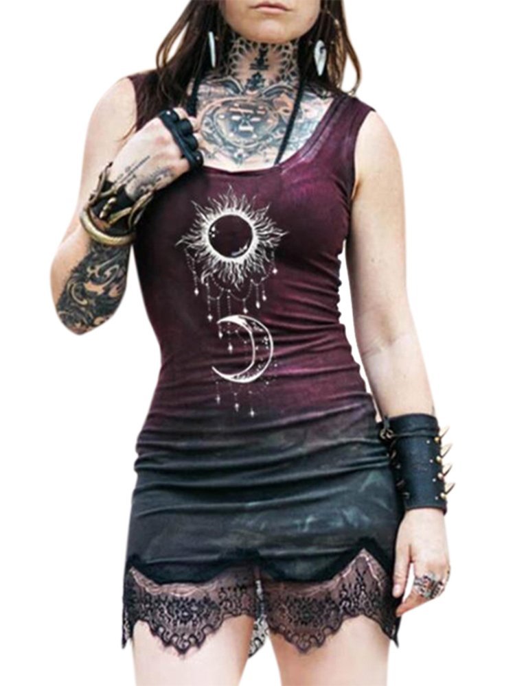 Vintage Print Lace Patchwork Dress Ladies Summer