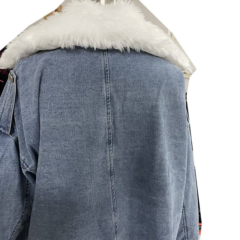 Washed White Short Denim Fur Integrated Jacket