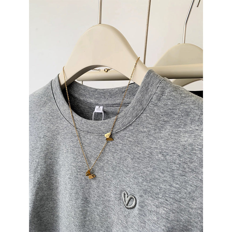 Short Sleeve T-shirt Female Gray Love Embroidery