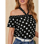 Polka Dot Off-shoulder Ribbon Halter Shirt Top For Women