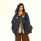Vintage Denim Jacket Men's And Women's Motorcycle Loose Lapels Jacket