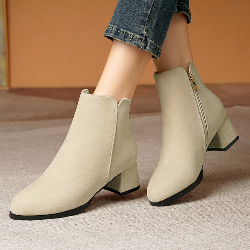 Pointed-toe Frosted Suede Side Zipper Chunky Heel Mid Heel Plus Size Female Boots