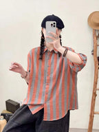Wide Striped Printed Double-layer Yarn Loose Women's Cardigan Short Sleeve Shirt