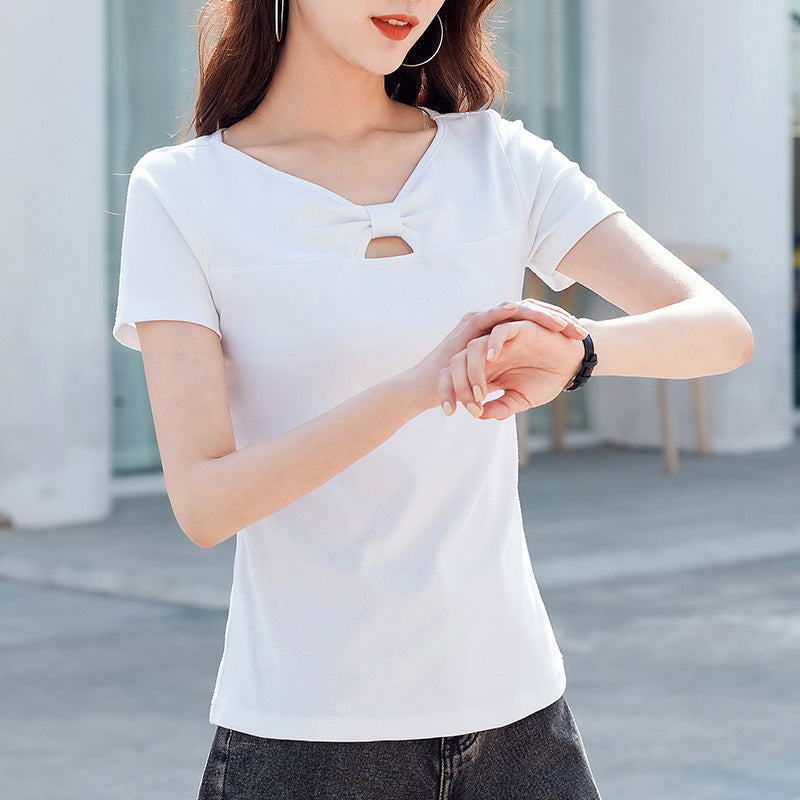 Women's Korean-style Slim-fit Cotton Short-sleeved Hollow-out Chest Bow