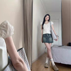 U-collar Shirt Women's Shoulder Slim-fit Short Puff Sleeve Shirt