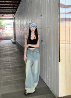 Worn Looking Washed-out Jeans Women's Loose Straight Wide Leg Slippers