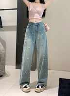 Pearl Straight Jeans High Waist Slim-fit Wide-leg Pants Women